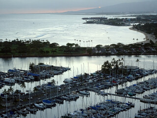 Aerial of Ala Wai Harbor and Ala Moana Beach Park at Sunset
