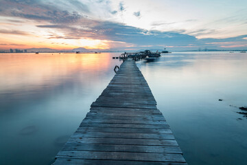 Real wooden bridge view of sunrise background - Powered by Adobe