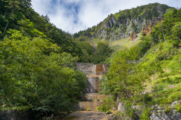 Dam wall with mountain on the background and green forest