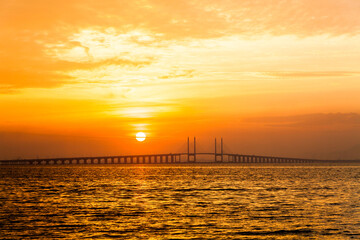 Penang Bridge view from the shore of George Town, Malaysia
