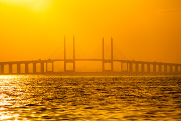 Fototapeta na wymiar Penang Bridge view from the shore of George Town, Malaysia