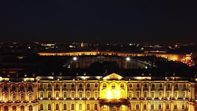 Drone Aerial Night View of State Hermitage Museum, St. Petersburg, Russia