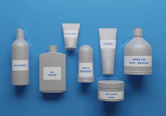personal care elements over blue background, 3d render illustration copy space
