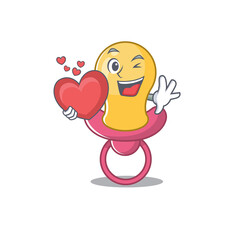 A sweet baby pacifier cartoon character style holding a big heart
