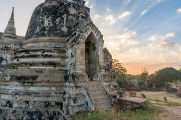 Ruins of old Buddhist temple with sunrise sky view