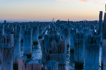 Old wooden poles of demolished historic Princes Pier in Melbourne