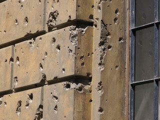 Bullet holes from World War 2 are visible on the Storehouse of the Academy of Fine Arts in Vienna, Austria. The damage occurred in April 1945  as the Soviet Army fought to take the city from Germany