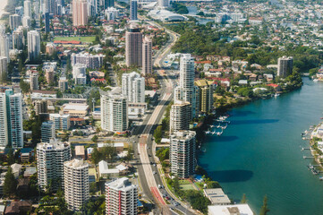 Fototapeta na wymiar Aerial view of Gold Coast Surfers Paradise lagoon and city