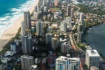 Aerial view of Gold Coast Surfers Paradise beach and city