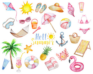 watercolor summer beach set, vacation, sea, tropic © SvetaArt