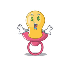 wealthy cartoon character concept of baby pacifier with money eyes