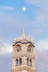 Close up view of clock tower with blue sky in George Town Penang