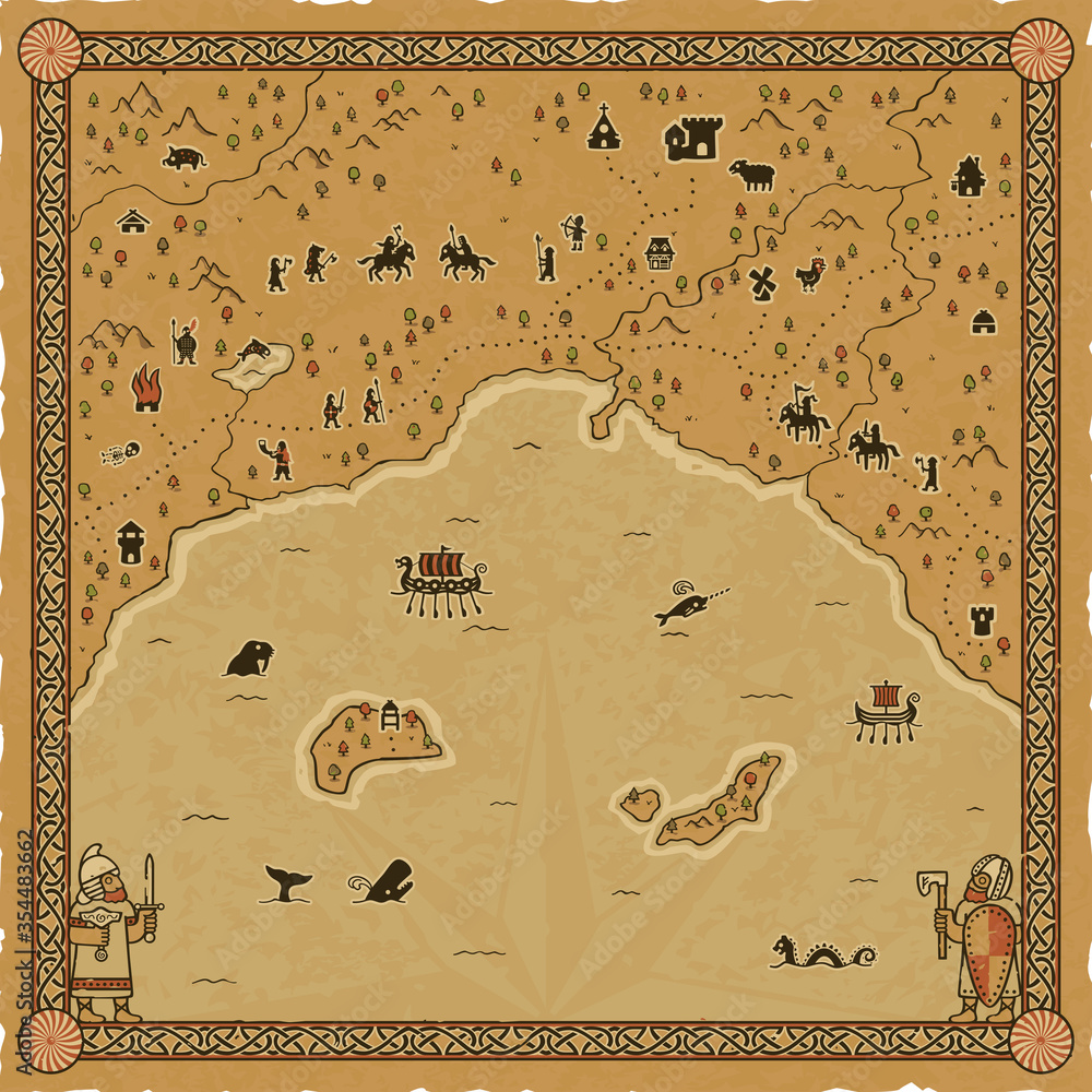 Wall mural Vintage Viking raid map with characters, castles, creatures, ships and more. Drawn on a square parchment background with an ornate medieval frame. - Wall murals