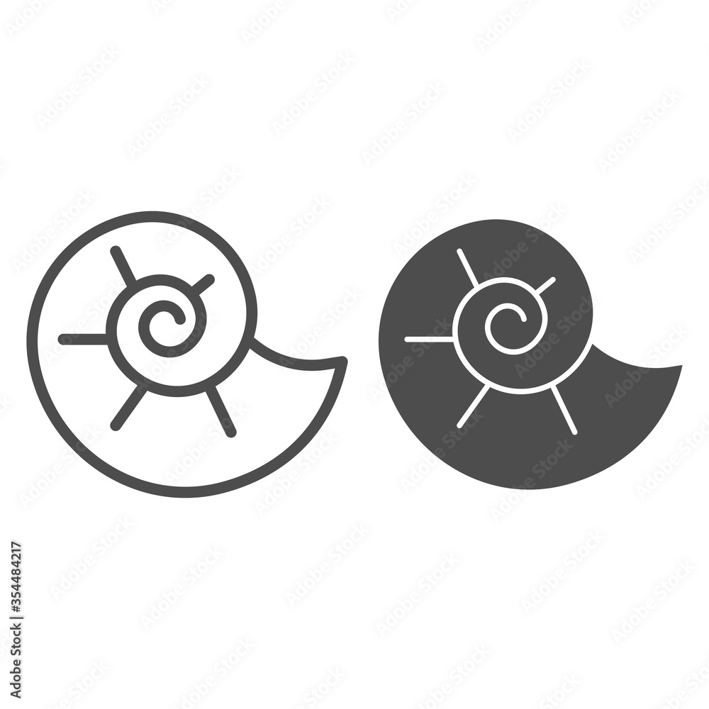 Poster snail shell line and solid icon, nautical concept, circle spiral shaped seashell sign on white backg