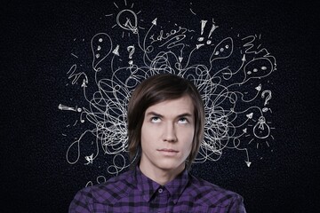 Young man with worried stressed face expression with illustration