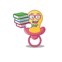 A diligent student in baby pacifier mascot design concept read many books