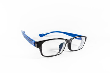 Blue black frame spectacles glasses in a white isolated background
