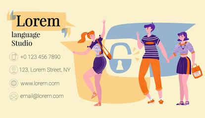 Vector flat business card and picture of greeting young people on abstract background of logo language school in form intersecting conversational bubbles, open barn lock. Size can be 50x90.