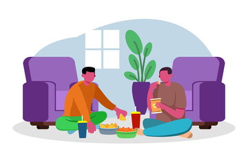 Two Adult Men Eat Snacks In The Living Room, With Sofa and Foods, Colorful Flat Illustration