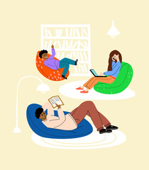 Vector flat illustration happy family sitting on chairs, bags, poufs  home. Concept frameless furniture.
