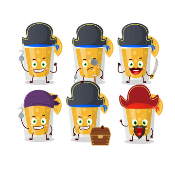 Cartoon character of orange juice with various pirates emoticons