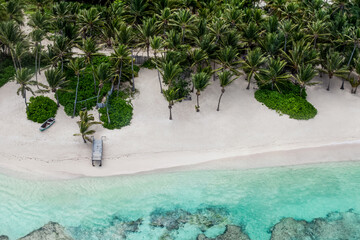 Beach aerial drone view from above on Punta Cana landscape, Bavaro, Saona, Cap Cana tropical ocean sea and palm trees on caribbean coastline with tourists and boats in Dominican republic Cortecito  