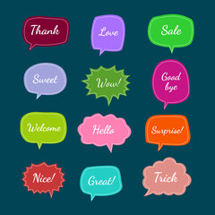 set of colorful sticker with short message, hand drawn set of doodle bubble speech for chat symbol, dialog word, tag or label
