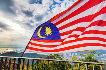 George Town city view from Penang Hill with Malaysia Flag