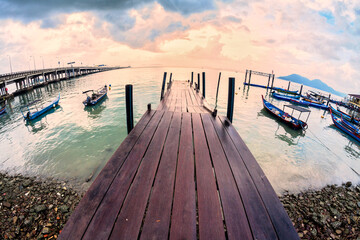 Wooden bridge view at sunrise or sunset background