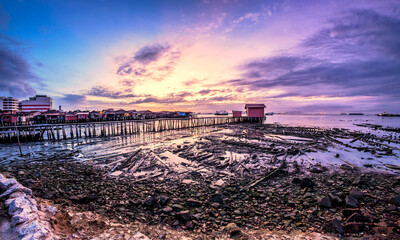 Tan Jetty of George Town, Penang view during sunrise with a hut