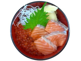 Salmon sashimi, salmon’s eggs (ikura), shredded radish and slice ginger with rice on white background. Japanese food - Salmon don.