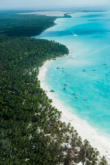 Beach aerial drone view from above on Punta Cana landscape, Bavaro, Saona, Cap Cana tropical ocean sea and palm trees on caribbean coastline with tourists and boats in Dominican republic Cortecito  