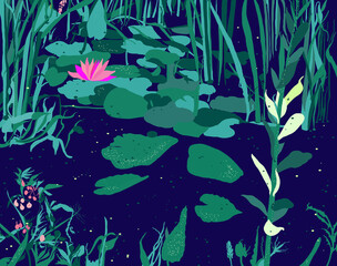 Ilustracja oczka wodnego z roślinami i kwiatami  - obrazy, fototapety, plakaty