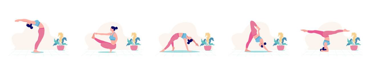 5 different yoga pose flat illustration, Creative poster or banner design with illustration of woman doing yoga for Yoga Day Celebration.