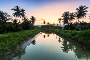 Fototapeta na wymiar Village river reflection of sunrise view in Balik Pulau, Penang