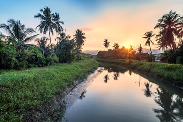 Obraz premium Village river reflection of sunrise view in Balik Pulau, Penang