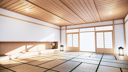 Japanese room tropical Interior style, Big empty room Interior mock up.3D rendering