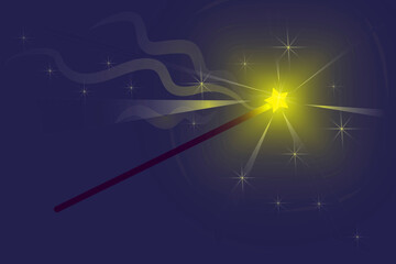 Magic wand on a blue background. Vector image of a stick with a shiny star.