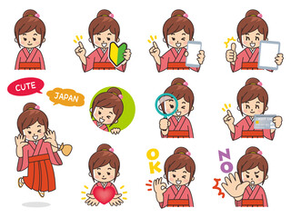 町娘　バリエーション　初心者マーク　スマートフォン　タブレット　虫眼鏡　クレジットカード　ハート　OK　NO