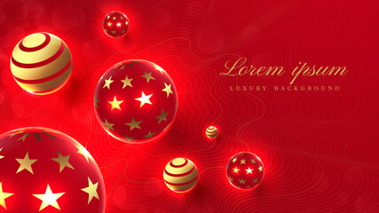 luxury red background ball 3d with bokeh and line golden. vector illustration for design.