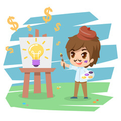 Fototapeta na wymiar Cute cartoon Artist boy stands near easel and holding palette and brush painting on canvas and draw lightbulb. It is an idea that can make money. Vector illustration flat design for banner and poster.