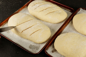 Homemade uncooked bread on rack ready for baking.