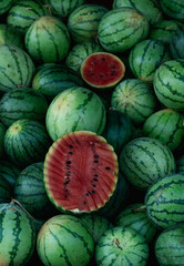 Fototapeta na wymiar Pile of fresh ripe watermelons on a fruit market stall 