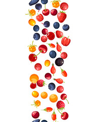 Single berries collection vertical seamless texture background: cherry, rosehip, strawberry, acai, raspberry, cranberry, blueberry, goji, blackberry. Vector illustration flat icon set, isolated.