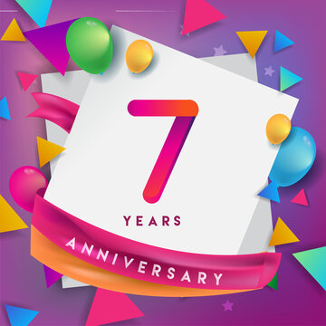 7th years anniversary logo, vector design birthday celebration with colorful geometric, Circles and balloons isolated on white background.