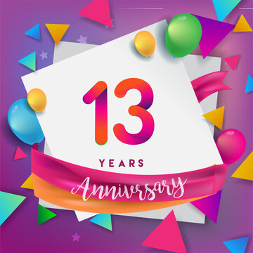 13th years anniversary logo, vector design birthday celebration with colorful geometric, Circles and balloons isolated on white background.
