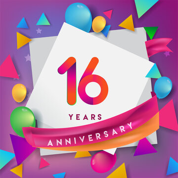 16th years anniversary logo, vector design birthday celebration with colorful geometric, Circles and balloons isolated on white background.
