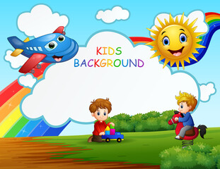 Obraz na płótnie Canvas Scene with two boys playing in rainbow background