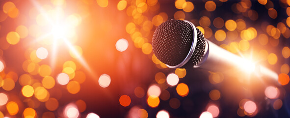 Microphone against dark background with defocused lights