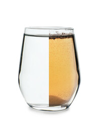Glass of clean and dirty water on white background
